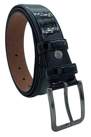 Siyah Rugan Suni Deri Düz Model Dikişli 3.5 cm.lik Klasik Kemer - 8001-Düz-22K-E