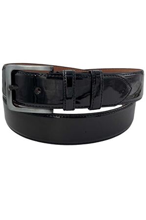 Siyah Rugan Suni Deri Dikişli 4 cm.lik Klasik Kemer - 7400-90-22Y