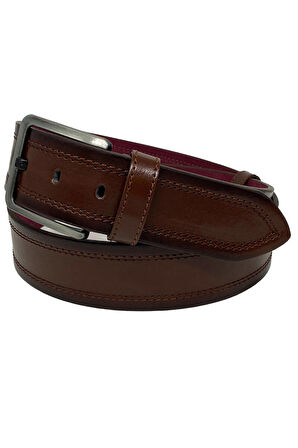 Kahverengi Suni Deri Dikişli Desensiz Düz Model 4.5 cm.lik Spor Kot Kemer - 4513-111-22KS