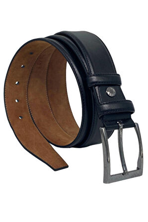 Siyah Suni Deri Düz Model Dikişli 3.5 cm.lik Klasik Kemer - 8000-Düz