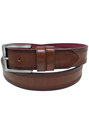 Kahverengi Suni Deri Çift Dikişli Model 4 cm.lik Spor Kemer - 9013-111-22RL