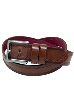 Kahverengi Suni Deri Çift Dikişli Model 4 cm.lik Spor Kemer - 9013-111-22RL