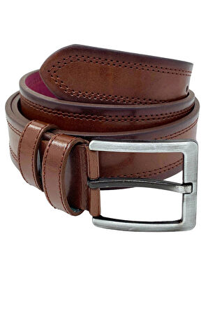 Kahverengi Suni Deri Çift Dikişli Model 4 cm.lik Spor Kemer - 9013-111-22RL