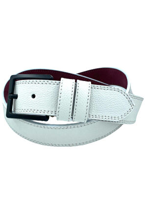 Beyaz Suni Deri Çift Dikişli Damar Desenli Model 4 cm.lik Spor Kemer - 9016-11