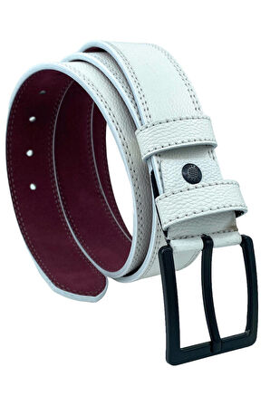 Beyaz Suni Deri Çift Dikişli Damar Desenli Model 4 cm.lik Spor Kemer - 9016-11