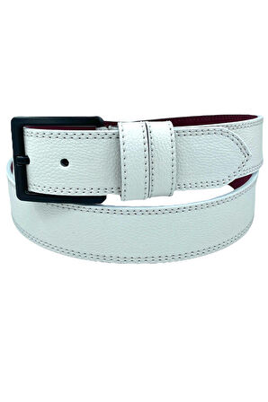 Beyaz Suni Deri Çift Dikişli Damar Desenli Model 4 cm.lik Spor Kemer - 9016-11