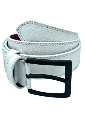 Beyaz Suni Deri Çift Dikişli Damar Desenli Model 4 cm.lik Spor Kemer - 9016-11