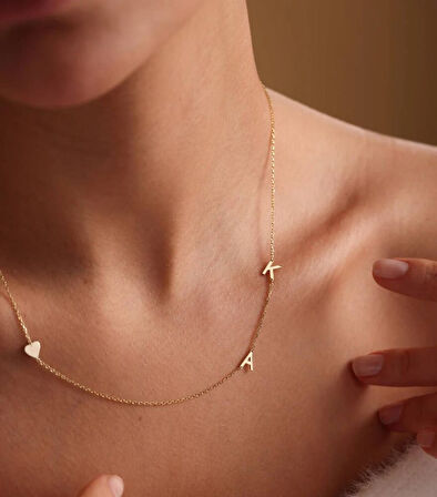 Kalp Formlu Altın İki Harfli Kolye 14 Ayar 