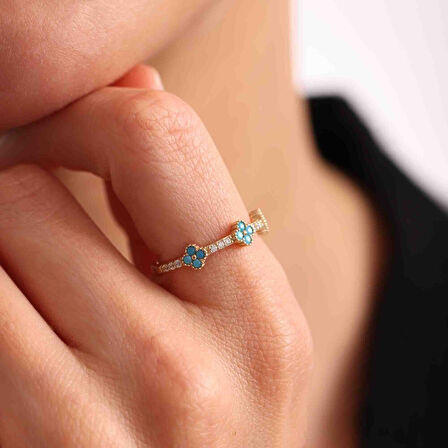 Firuze Taşlı Altın Yonca Yüzük