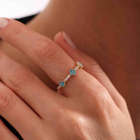 Firuze Taşlı Altın Yonca Yüzük