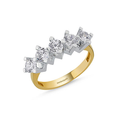5 Taş Yüzük Sarı Altın Swarovski