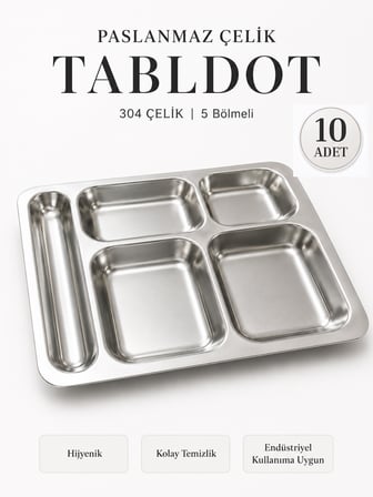 304 Çelik 5 Gözlü Tabldot Tabak Paslanmaz Çelik Self Servis Faturalı Garantili Fabrika Okul Ev Hastane Kırılmaz Metal Servis Tabağı 10 Adet