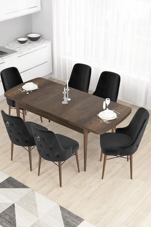 Taç Serisi Açılabilir Mutfak Masası Takımı 80x132 Barok Desen Masa 6 Siyah Sandalye