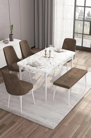 Taç Serisi Açılabilir Mutfak Masası Takımı 80x132 Siyah Mermer Masa 4 Kahverengi Sandalye 1 Bench