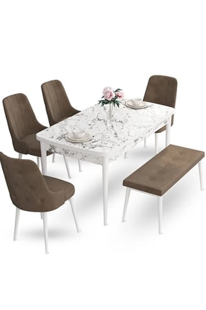 Taç Serisi Açılabilir Mutfak Masası Takımı 80x132 Siyah Mermer Masa 4 Kahverengi Sandalye 1 Bench