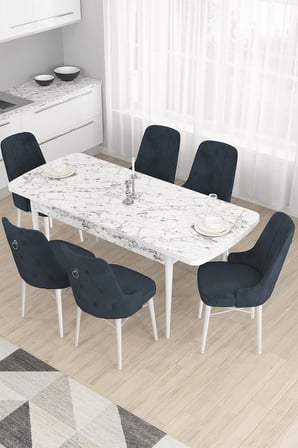 Taç Serisi, 80x132 Beyaz Mermer Desen Yemek Masa Takımı,6 Antrasit Sandalye Gümüş Halkalı