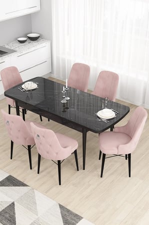 Taç Serisi Açılabilir Mutfak Masası Takımı 80x132 Siyah Mermer Desen Masa 6 Pembe Sandalye