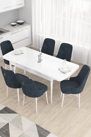 Taç Serisi Açılabilir Mutfak Masası Takımı 80x132 Beyaz Masa 6 Antrasit Sandalye