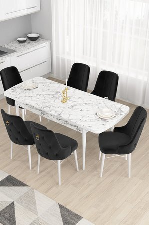 Taç Serisi Açılabilir Mutfak Masası Takımı 80x132 Beyaz Mermer Desen Masa 6 Siyah Sandalye