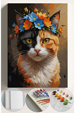 Sayılarla Boyama Seti Numaralı Tuval Fırça Boya 40x50 Cm - TAÇLI KEDİ