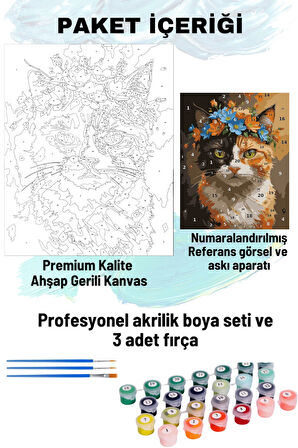 Sayılarla Boyama Seti Numaralı Tuval Fırça Boya 40x50 Cm - TAÇLI KEDİ