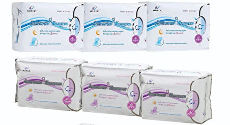 Airiz 8Li Gece 3 Paket + 10Lu Gündüz 3 Paket Hijyenik Kadın Pedi Seti (6 Paket 54 Adet)