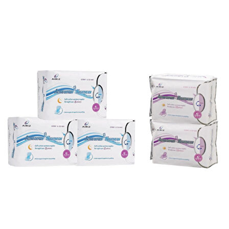 Tiens Airiz 8Li Gece 3 Paket + 10Lu Gündüz 2 Paket Hijyenik Kadın Pedi Seti (5 Paket 44 Adet)