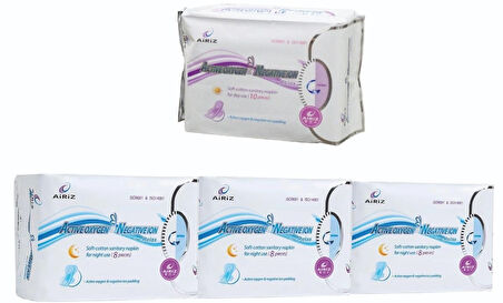 Airiz 8Li Gece 3 Paket + 10Lu Gündüz 1 Paket Hijyenik Kadın Pedi Seti (4 Paket 34 Adet)