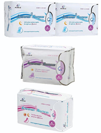 Airiz 8Li Gece 2 Paket + 10Lu Gündüz 1 Paket + 30Lu Günlük 1 Paket Hijyenik Kadın Pedi Seti (4 Paket 56 Adet)