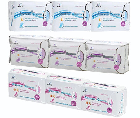 Tiens Airiz 8Li Gece 3 Paket + 10Lu Gündüz 3 Paket + 30Lu Günlük 3 Paket Hijyenik Kadın Pedi Seti (9 Paket 136 Adet)