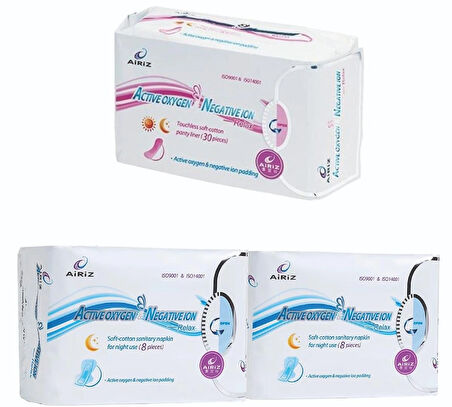 Tiens Airiz 8Li Gece 2 Paket + 30Lu Günlük 1 Paket Hijyenik Kadın Pedi Seti (3 Paket 46 Adet)