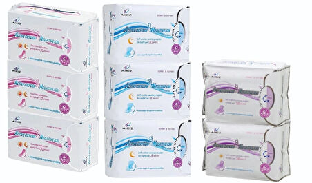 Airiz 8Li Gece 3 Paket + 30Lu Günlük 3 Paket + 10Lu Gündüz 2 Paket Hijyenik Kadın Pedi Seti (8 Paket 134 Adet)