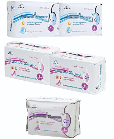 Airiz 8Li Gece 2 Paket + 30Lu Gündüz 2 Paket + 10Lu Günlük 1 Paket Hijyenik Kadın Pedi Seti (5 Paket 86 Adet)