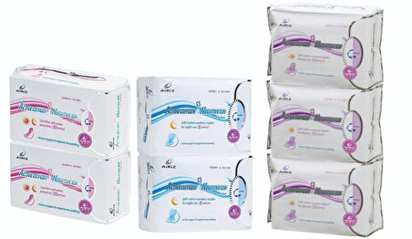 Airiz 10Lu Gündüz 3 Paket + 8Li Gece 2 Paket + 30Lu Günlük 2 Paket Hijyenik Kadın Pedi Seti (7 Paket 106 Adet)
