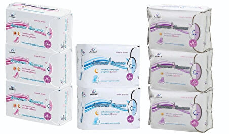 Airiz 10Lu Gündüz 3 Paket + 30Lu Günlük 3 Paket + 8Li Gece 2 Paket Hijyenik Kadın Pedi Seti (8 Paket 136 Adet)