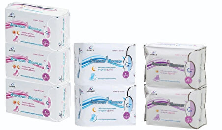 Airiz 30Lu Günlük 3 Paket + 8Li Gece 2 Paket + 10Lu Gündüz 2 Paket Hijyenik Kadın Pedi Seti (7 Paket 126 Adet)