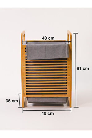 Doğal Bambu Kirli Çamaşır Sepeti – Çıkarılabilir Kumaş Torbalı 61x40x35 cm T35