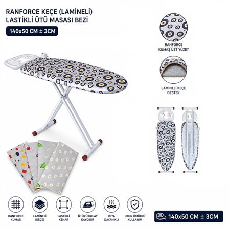Ranforce Keçe Ütü Masası Bezi - Lastikli - Lamineli - 140X50 Cm