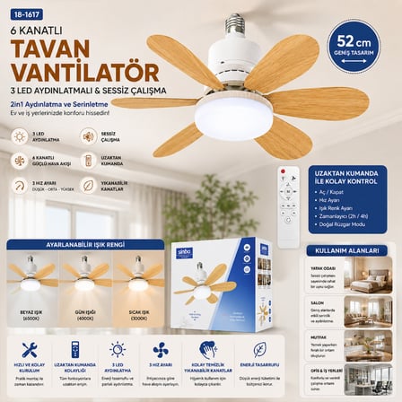 Tavan Vantilatörü Ve Led Avize - Uzaktan Kumandalı - 6 Kanatlı - 52 Cm