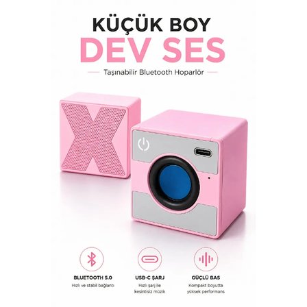 Taşınabilir Hoparlör - Type C (Usb-C) - Güçlü Bass - Küp Tasarım