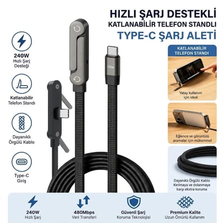 Örgülü To Kablosu - Katlanabilir Telefon Standlı - Hızlı Destekli - 240W