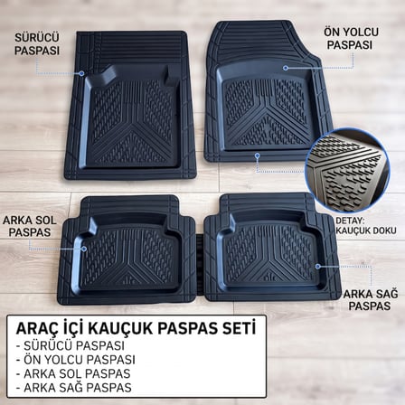 Araç İçi Paspas Seti - 4'Lü Set - Karışık Desenler - Kauçuk - Kaymaz Yüzey