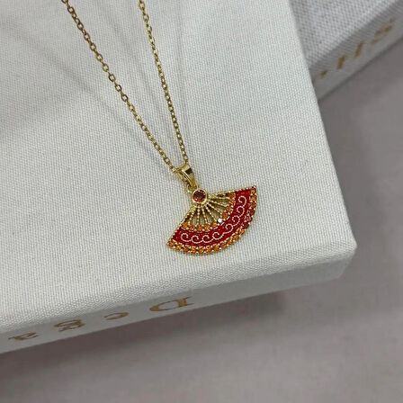 Altın Kaplama Çelik Zincir Kırmızı Yelpaze Kolye