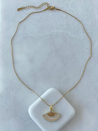 Altın Kaplama Çelik Zincir Beyaz Yelpaze Kolye