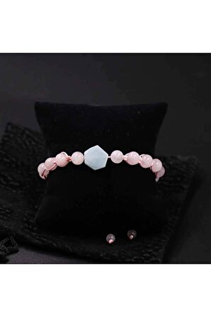 Pembe Kuvars-akuamarin Aquamarine Taşlı 8mm Doğal Taş Bileklik Makrome Örme Ayarlanabilir