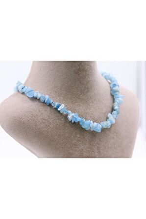 Akuamarin Aquamarine Taşı Şekilsiz Kırık Taş Doğal Taş Kolye 45 Cm (ZİNCİR UZATMALI)