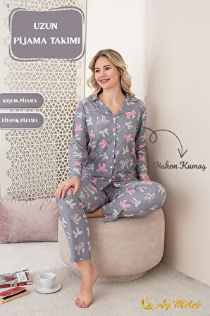 Kadın Pijama Takımı Desenli Pamuklu Polo Yaka Takım