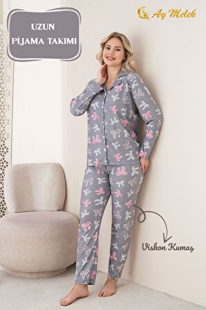 Kadın Pijama Takımı Desenli Pamuklu Polo Yaka Takım