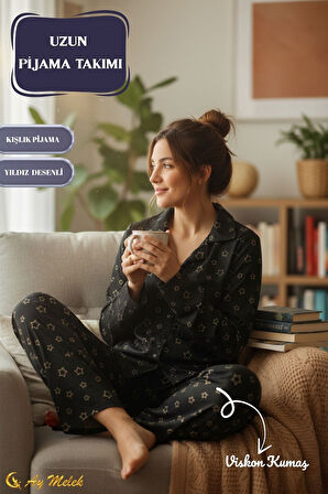 Kadın Pijama Takımı Desenli Pamuklu Polo Yaka Takım