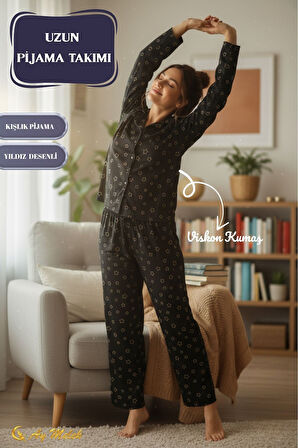 Kadın Pijama Takımı Desenli Pamuklu Polo Yaka Takım